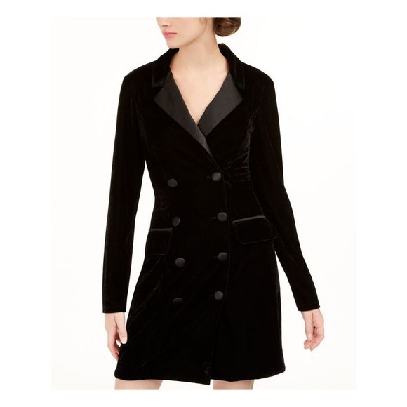 City Studios Junior's Velvet Tuxedo Blazer Dress Black Size X-Small - Picture 1 of 4